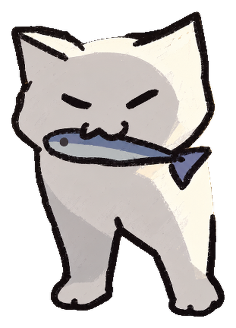 Fishu, a white cat holding a sardine crosswise in his mouth