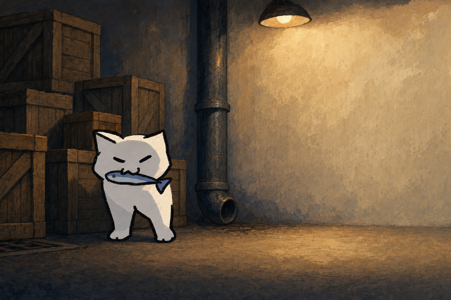 Fishu standing beside stacked crates and a drainpipe under a hanging lamp, sardine in mouth